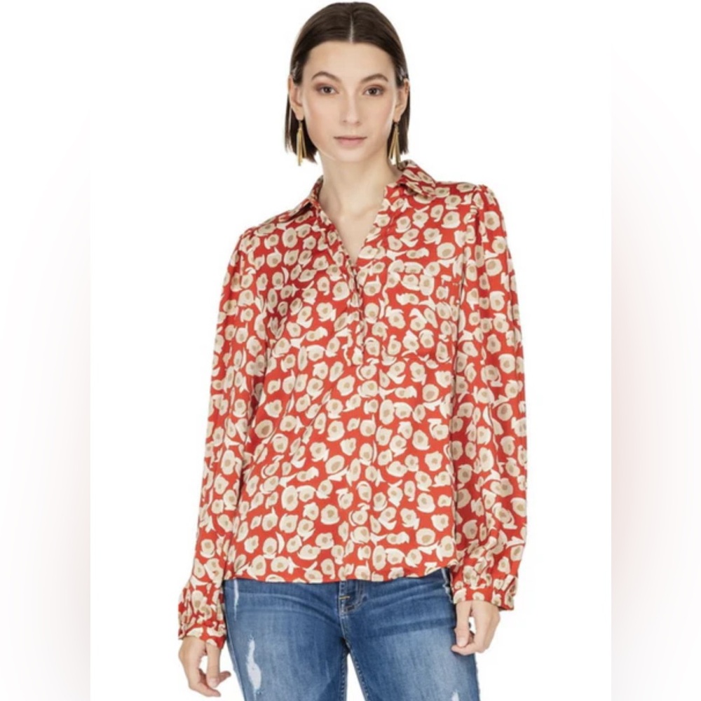 Joy Joy Red Printed Long Sleeve Blouse Medium